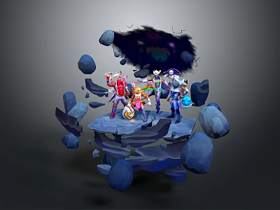 Game and Movie Characters Standing on Broken Rock Platform With Dark Smoke and Colorful Gear 3d model