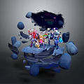 Game and Movie Characters Standing on Broken Rock Platform With Dark Smoke and Colorful Gear