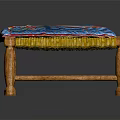 Vibrant Colorful Patchwork Cushioned Stool With Wooden Legs And Woven Sides Design