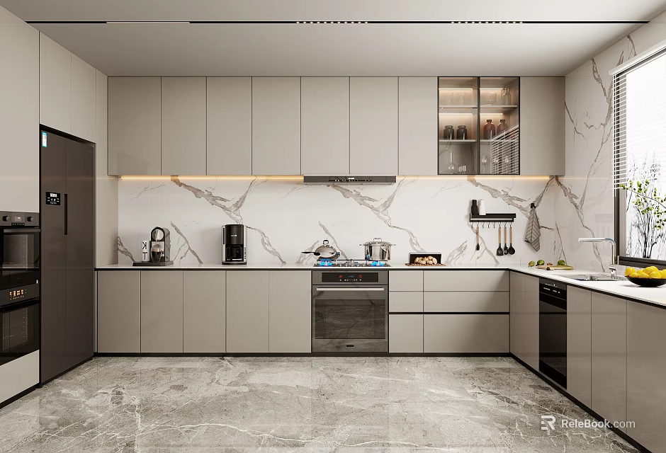 Modern Kitchen Interior With Light Gray Cabinets Marble Countertop Backsplash And Appliances 3d model 