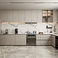 Modern Kitchen Interior With Light Gray Cabinets Marble Countertop Backsplash And Appliances