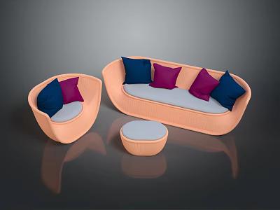 Modern Lounge Furniture Set With Orange Frame Blue Purple Gray Cushions And Small Round Table 3d model