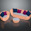 Modern Lounge Furniture Set With Orange Frame Blue Purple Gray Cushions And Small Round Table