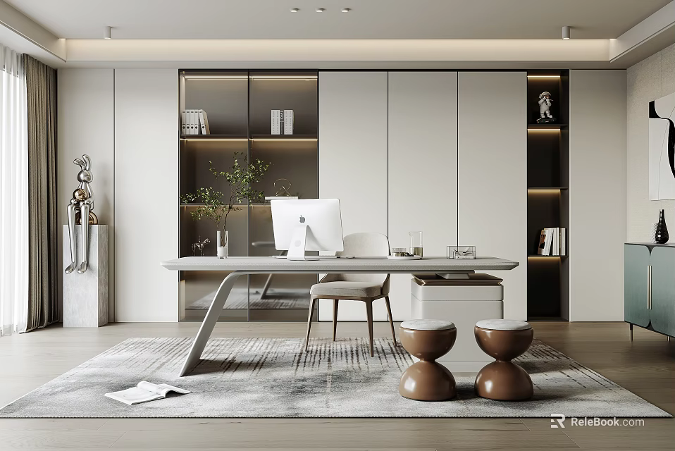 Modern Study Room Interior With Desk Computer Chair Bookshelves Green Plant Stools And Rug 3d model 