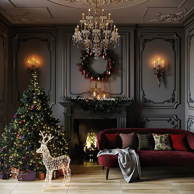 Festive Cozy Christmas Living Room With Chandelier Wreath Fireplace Red Velvet Sofa Tree Reindeer 3d model