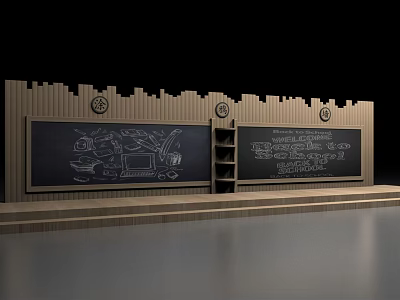 Wooden Background Blackboard Display With Drawings Text And Decorative Emblems 3d model
