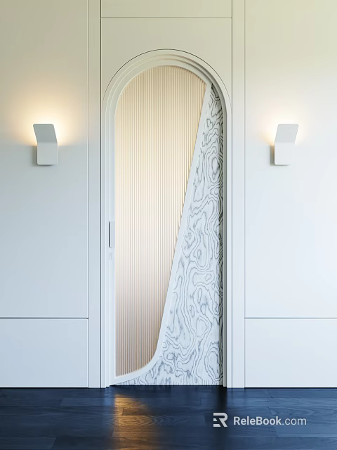 Modern Hinged Door With Striped Glass And Wall Sconces In White Room 3d model 
