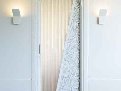 Modern Hinged Door With Striped Glass And Wall Sconces In White Room 3d model