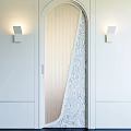 Modern Hinged Door With Striped Glass And Wall Sconces In White Room