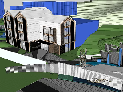 Modern Sales Office Building Exterior With Large Glass Windows And Landscaped Greenery Water Feature 3d model