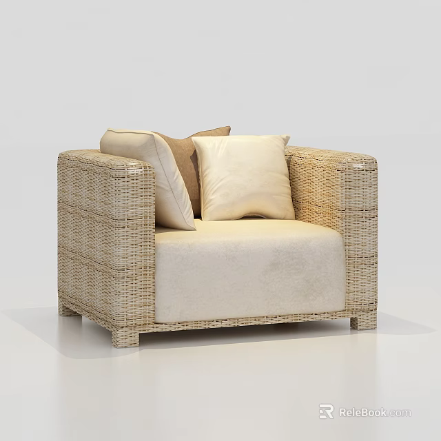 Modern Single Seater Wicker Sofa With Light Colored Cushions And Pillows 3d model