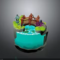 Miniature Decorative Scene with Red Bridge Blue Water Green Plants and Pagoda Structures
