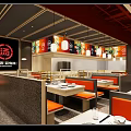 Modern Restaurant Interior With Wooden Ceiling Pendant Lights Tables Chairs And Colorful Wall Decor