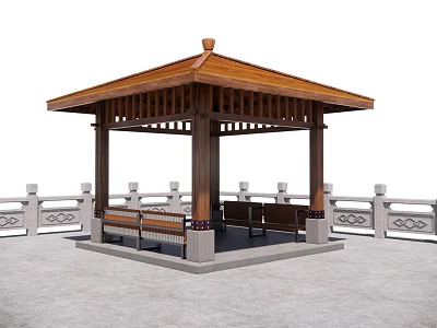 Outdoor Traditional Wooden Pavilion With Roof Design Benches And Stone Railing 3d model