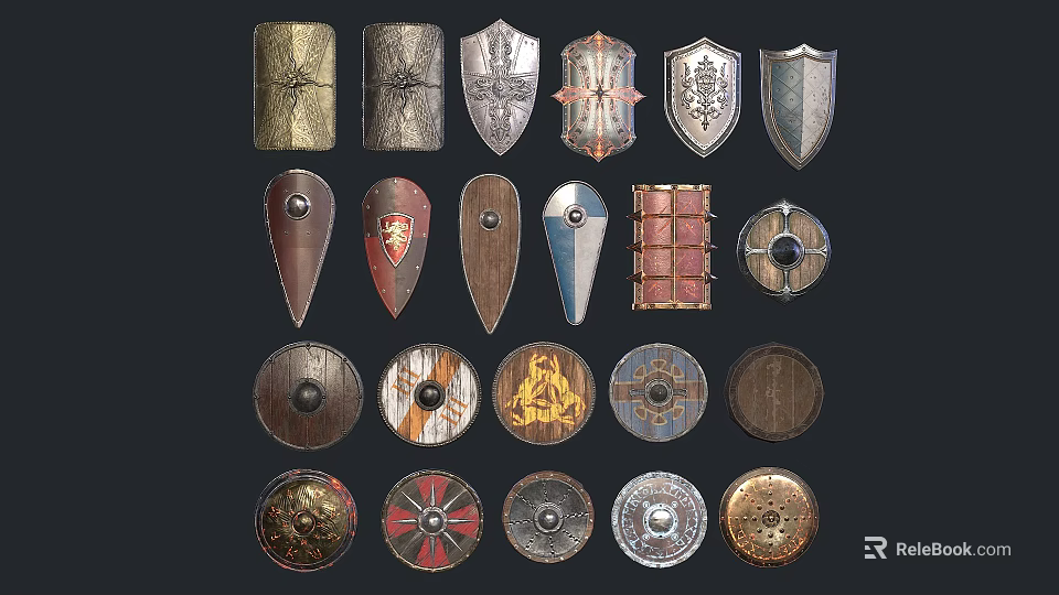Various Medieval Shields Collection With Different Shapes And Ornate Designs 3d model