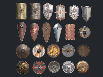 Various Medieval Shields Collection With Different Shapes And Ornate Designs 3d model