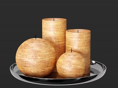 Wooden Textured Candle Lamps With Cylindrical And Spherical Shapes On Silver Tray 3d model