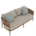Modern Two Seater Sofa With Light Beige Cushions Wooden Armrests And Decorative Pillows