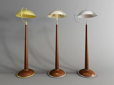 Three Modern Floor Lamps With Yellow White Silver Shades And Brown Wooden Poles 3d model