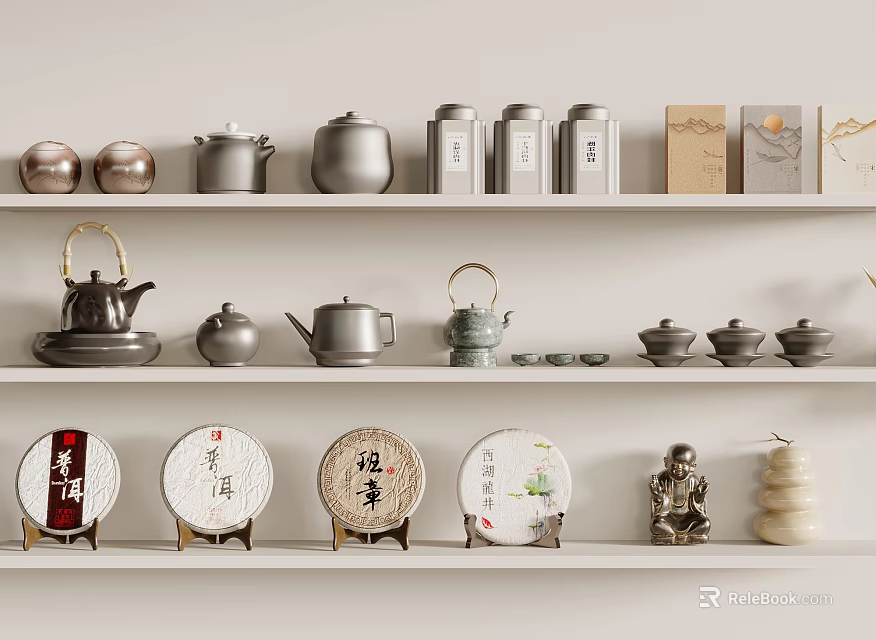 Traditional Chinese Tea Set Collection With Teapots Tea Caddies Cakes And Figurines Displayed On Shelves 3d model 