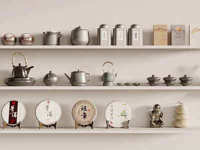Traditional Chinese Tea Set Collection With Teapots Tea Caddies Cakes And Figurines Displayed On Shelves 3d model