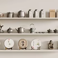 Traditional Chinese Tea Set Collection With Teapots Tea Caddies Cakes And Figurines Displayed On Shelves