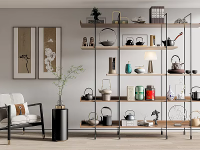 Modern Decorative Ornament Set On Multi tiered Shelf With Tea Sets Wall Paintings And Green Plants 3d model