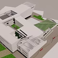 Modern White Architecture With Irregular Design Red Seats Green Plants And Blue Sky