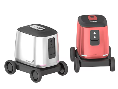 Smart Mobile Machines in Silver and Red with Wheels and Control Panels 3d model