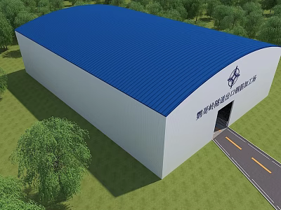 White Industrial Warehouse With Blue Roof Green Trees Grass And Access Road 3d model