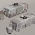 Spa Massage Tables With Beige White Linen Covers Towels And Accompanying Stools