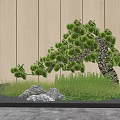 Garden Decor With Shaped Pine Tree Rocks Grass Small Lantern And Wooden Wall 3d model