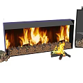 Garden Ornament Fireplace With Burning Flames Firewood Stack Metal Rack And Water Reflection