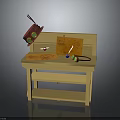 Light Wooden Children's Desk With Red Schoolbag Orange Notebook Colorful Crayons And Two Shelves