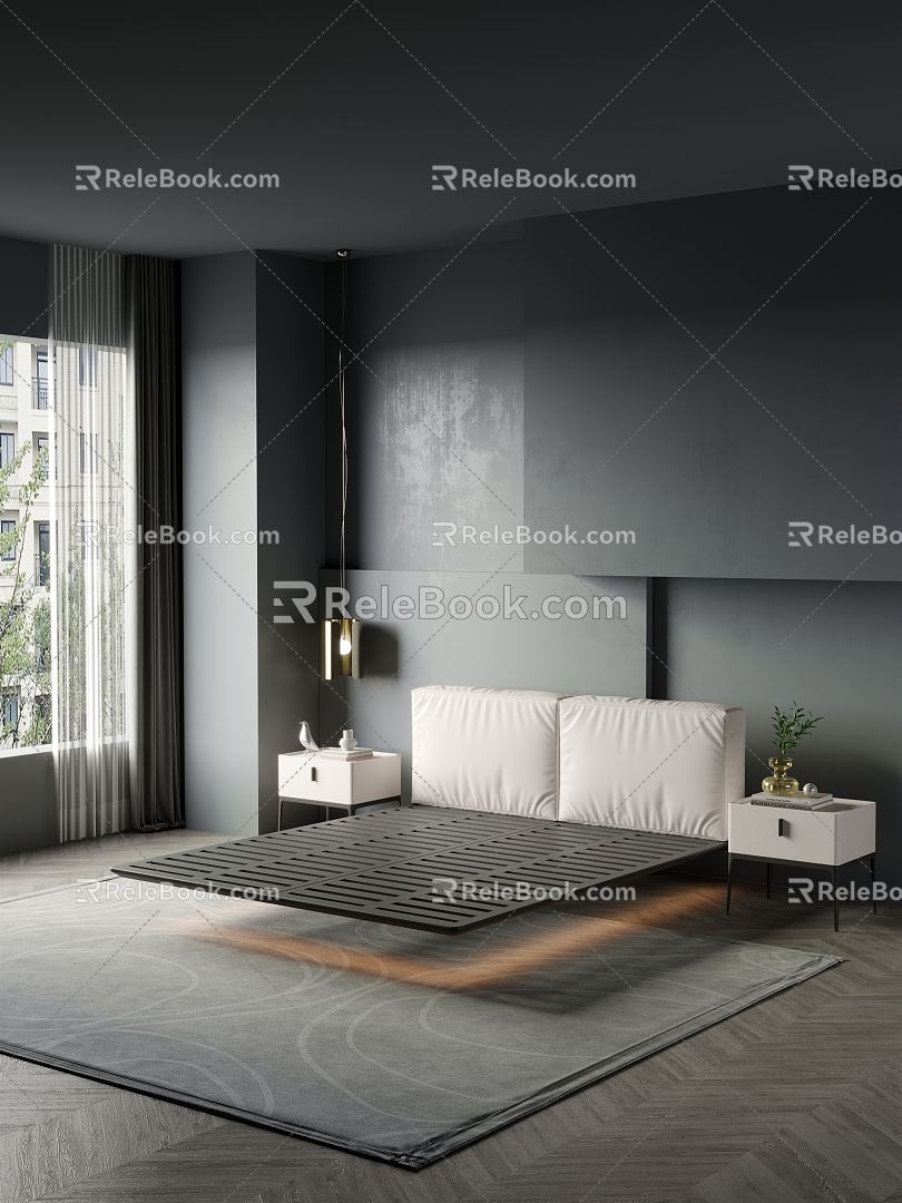 Modern Background Double Bed Dark Suspension Bed Double Bed 3d model