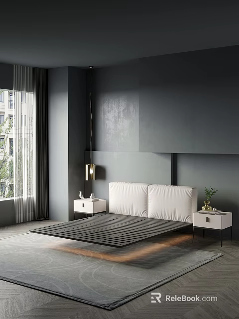 Modern Background Double Bed With Dark Gray Walls White Nightstands And Golden Lamp 3d model 