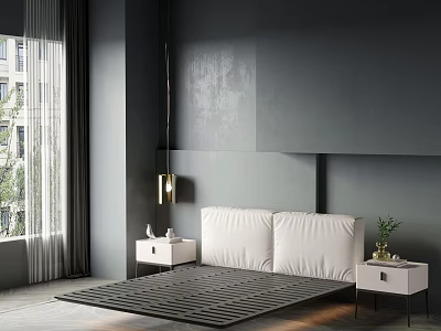 Modern Background Double Bed With Dark Gray Walls White Nightstands And Golden Lamp 3d model