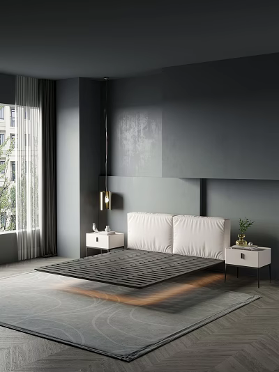 Modern Background Double Bed With Dark Gray Walls White Nightstands And Golden Lamp 3d model