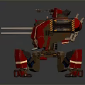 Red Mechanical Robot With Weapon And Reflective Metal Body Surfaces