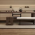 Modern Tea Room Interior with Long Wooden Table Stools Bench Tea Sets And Green Plant