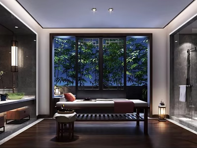 Relaxing Modern SPA Sauna Interior With Massage Bed And Green Plants 3d model
