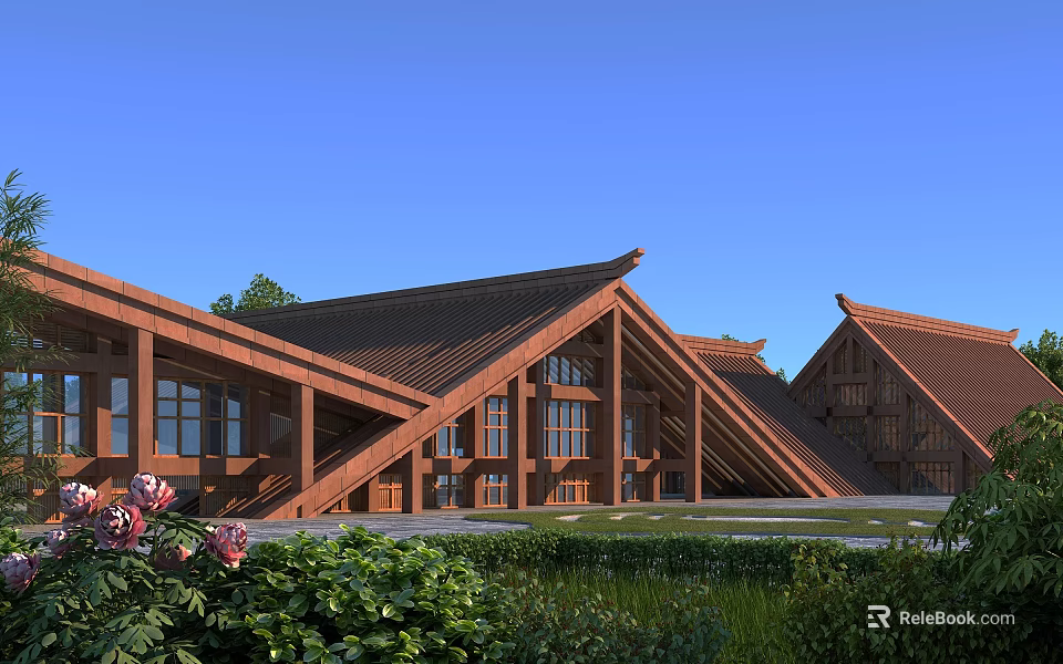 Museum Building With Wooden Structure Triangular Brown Roof Surrounded By Greenery Under Blue Sky 3d model 