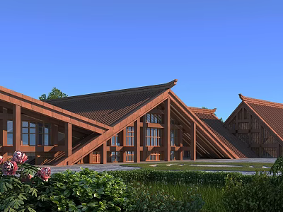 Museum Building With Wooden Structure Triangular Brown Roof Surrounded By Greenery Under Blue Sky 3d model