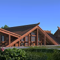 Museum Building With Wooden Structure Triangular Brown Roof Surrounded By Greenery Under Blue Sky