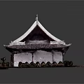 Traditional Ancient Architecture Model With Tile Roof Overhanging Eaves And Surrounding Greenery