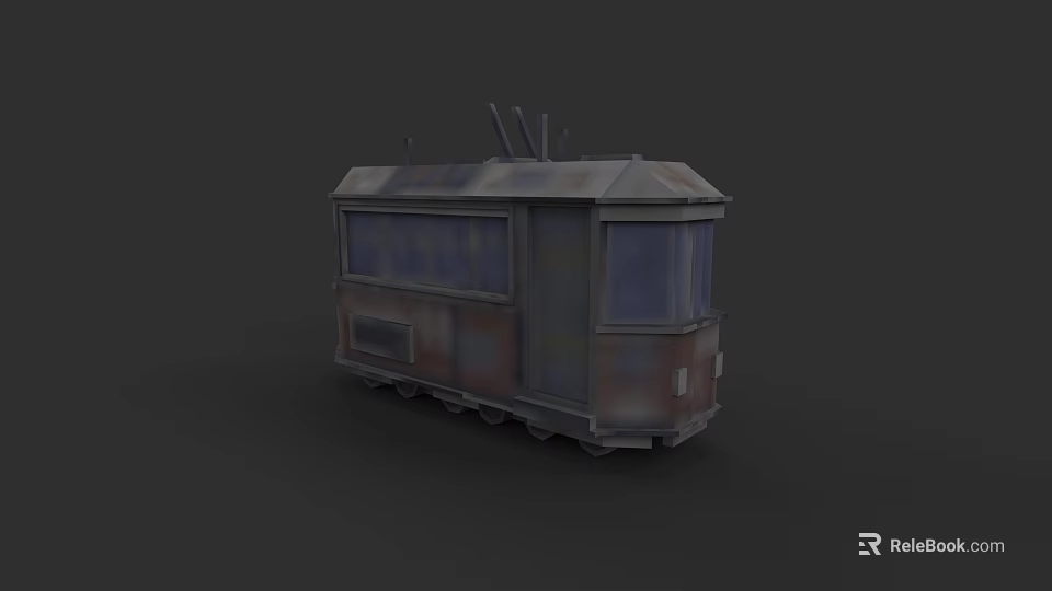 Vintage Rusty Electric Tram 3D Model With Long Windows And Overhead Wires 3d model 
