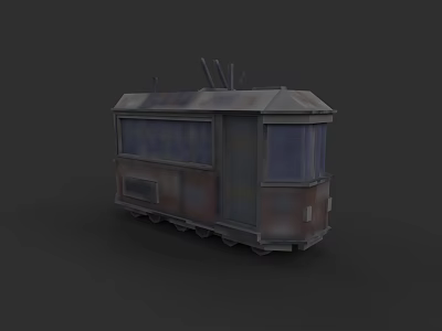 Vintage Rusty Electric Tram 3D Model With Long Windows And Overhead Wires 3d model