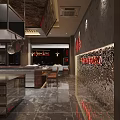 Grill Restaurant Interior Featuring Red Signboard Open Counter Wooden Stools And Dark Textured Walls