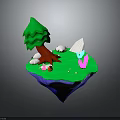 Floating Fantasy Island With Green Grass Red Trunk Tree White Stones And Decorations