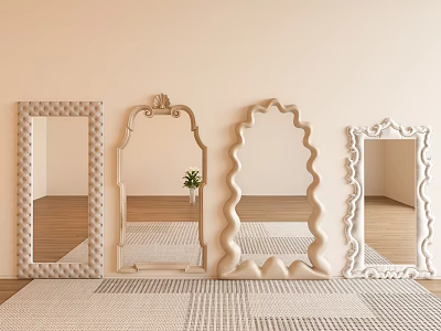 Four Decorative Mirrors Of Various Styles In Light Room With Carpet 3d model